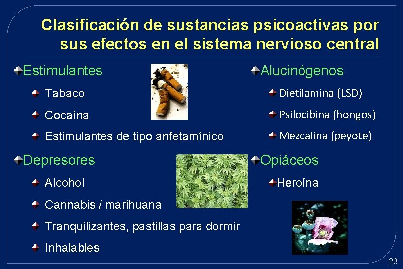 Clasificación de sustancias psicoactivas por sus efectos en el sistema nervioso central Estimulantes Alucinógenos Clasificación de sustancias psicoactivas por sus efectos en el sistema nervioso central Estimulantes Alucinógenos