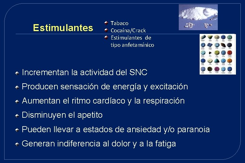 Estimulantes Tabaco Cocaína/Crack Estimulantes de tipo anfetamínico Incrementan la actividad del SNC Producen sensación Estimulantes Tabaco Cocaína/Crack Estimulantes de tipo anfetamínico Incrementan la actividad del SNC Producen sensación
