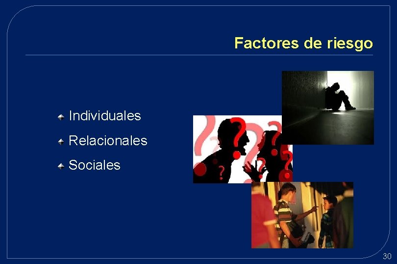 Factores de riesgo Individuales Relacionales Sociales 30 Factores de riesgo Individuales Relacionales Sociales 30