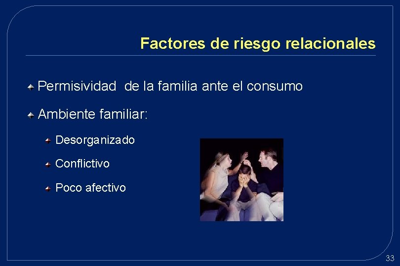 Factores de riesgo relacionales Permisividad de la familia ante el consumo Ambiente familiar: Desorganizado Factores de riesgo relacionales Permisividad de la familia ante el consumo Ambiente familiar: Desorganizado