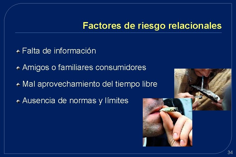 Factores de riesgo relacionales Falta de información Amigos o familiares consumidores Mal aprovechamiento del Factores de riesgo relacionales Falta de información Amigos o familiares consumidores Mal aprovechamiento del
