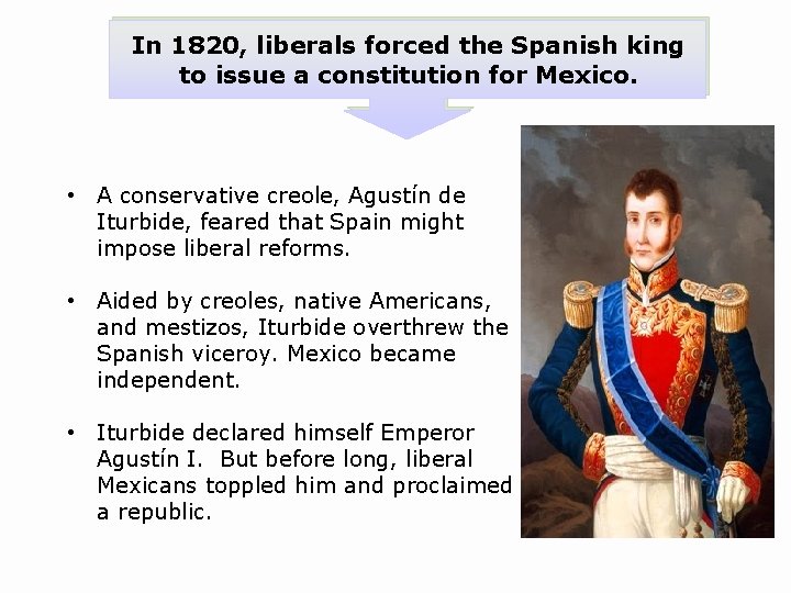 In 1820, liberals forced the Spanish king to issue a constitution for Mexico. •