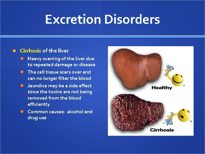 Excretion Disorders Cirrhosis of the liver Heavy scarring of the liver due to repeated