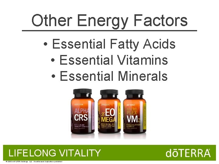 Other Energy Factors • Essential Fatty Acids • Essential Vitamins • Essential Minerals LIFELONG