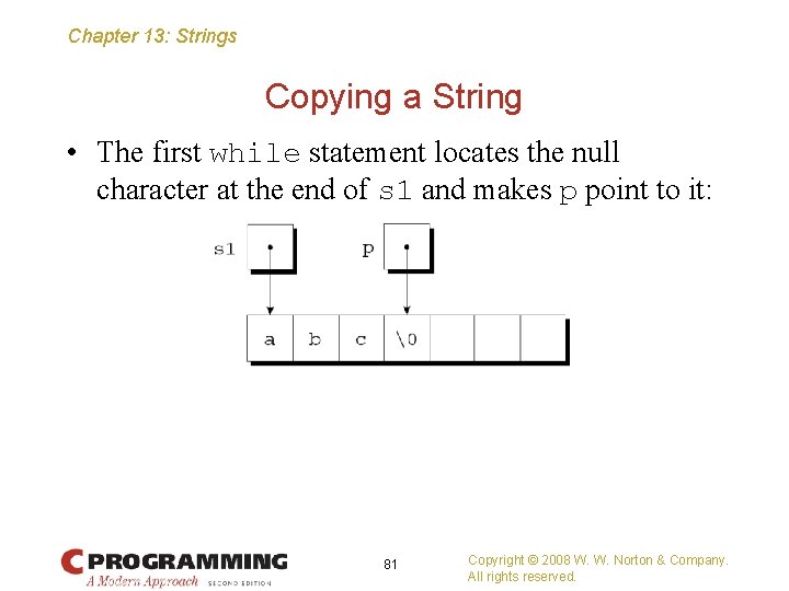 Chapter 13: Strings Copying a String • The first while statement locates the null