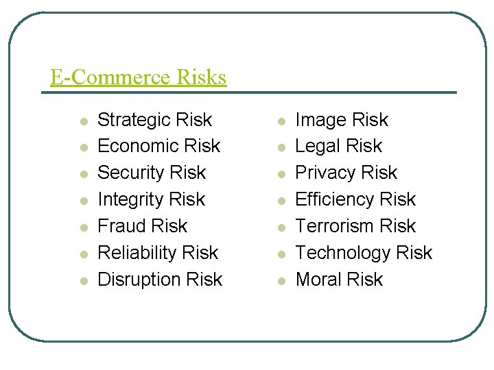 E-Commerce Risks l l l l Strategic Risk Economic Risk Security Risk Integrity Risk