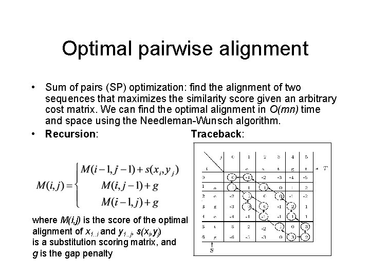 Optimal pairwise alignment • Sum of pairs (SP) optimization: find the alignment of two