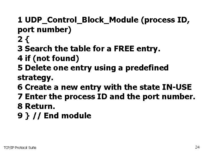 1 UDP_Control_Block_Module (process ID, port number) 2{ 3 Search the table for a FREE