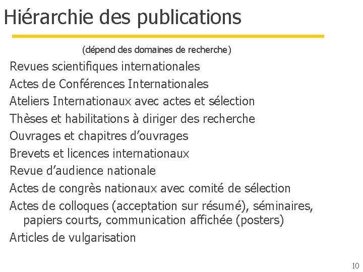 Hiérarchie des publications (dépend des domaines de recherche) Revues scientifiques internationales Actes de Conférences