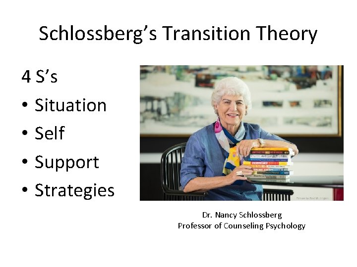 Schlossberg’s Transition Theory 4 S’s • Situation • Self • Support • Strategies Dr.