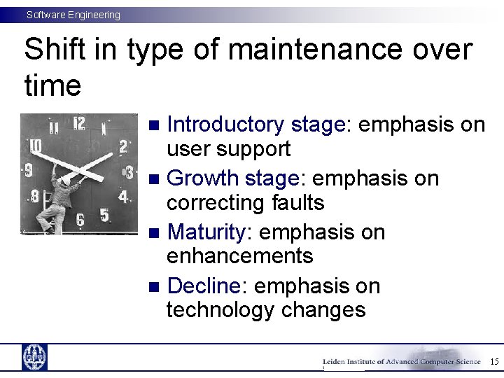 Software Engineering Shift in type of maintenance over time Introductory stage: emphasis on user