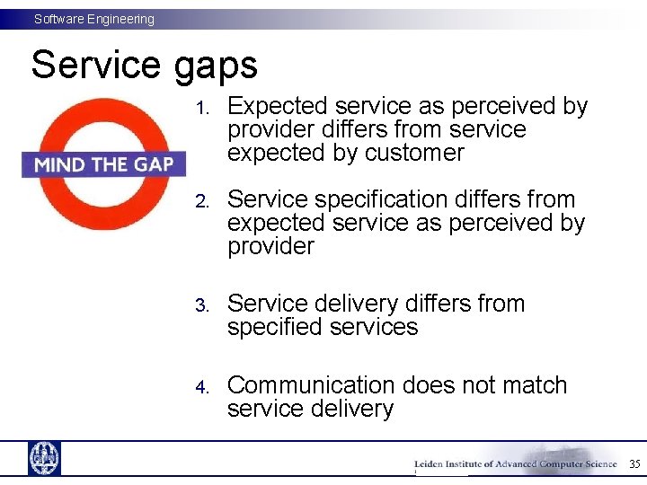 Software Engineering Service gaps 1. Expected service as perceived by provider differs from service Software Engineering Service gaps 1. Expected service as perceived by provider differs from service