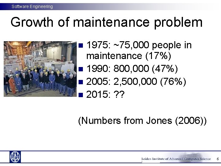 Software Engineering Growth of maintenance problem 1975: ~75, 000 people in maintenance (17%) n