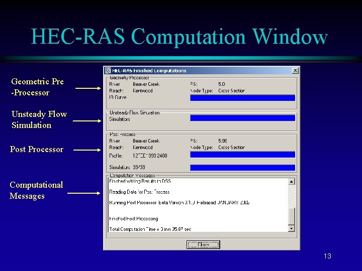 HEC-RAS Computation Window Geometric Pre -Processor Unsteady Flow Simulation Post Processor Computational Messages 13