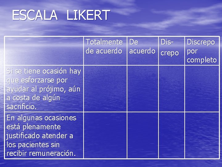 ESCALA LIKERT Totalmente De Disde acuerdo crepo Si se tiene ocasión hay que esforzarse