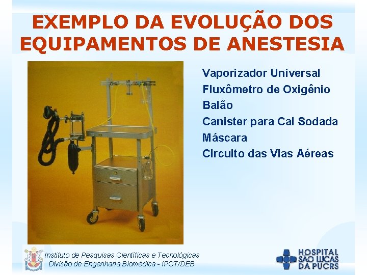 EXEMPLO DA EVOLUÇÃO DOS EQUIPAMENTOS DE ANESTESIA Vaporizador Universal Fluxômetro de Oxigênio Balão Canister