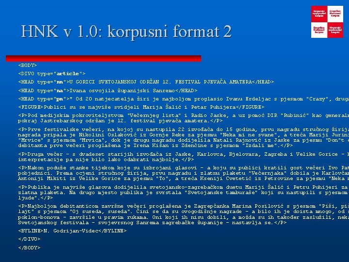 HNK v 1. 0: korpusni format 2 <BODY> <DIV 0 type="article"> <HEAD type="nn">U GORICI