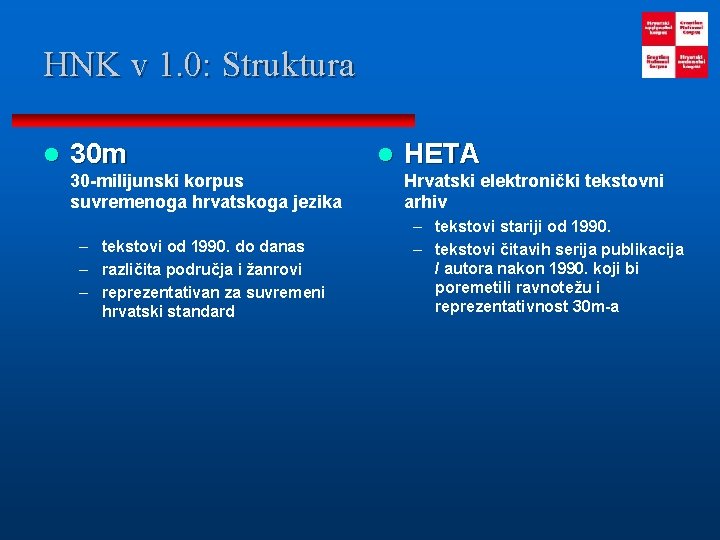 HNK v 1. 0: Struktura l 30 m 30 -milijunski korpus suvremenoga hrvatskoga jezika