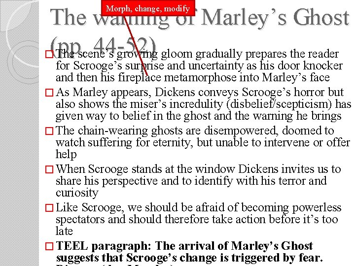 Morph, change, modify The warning of Marley’s Ghost �(pp. 44 -52) The scene’s growing Morph, change, modify The warning of Marley’s Ghost �(pp. 44 -52) The scene’s growing