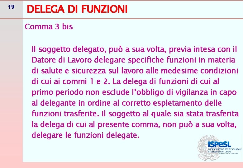 19 DELEGA DI FUNZIONI Comma 3 bis Il soggetto delegato, può a sua volta,