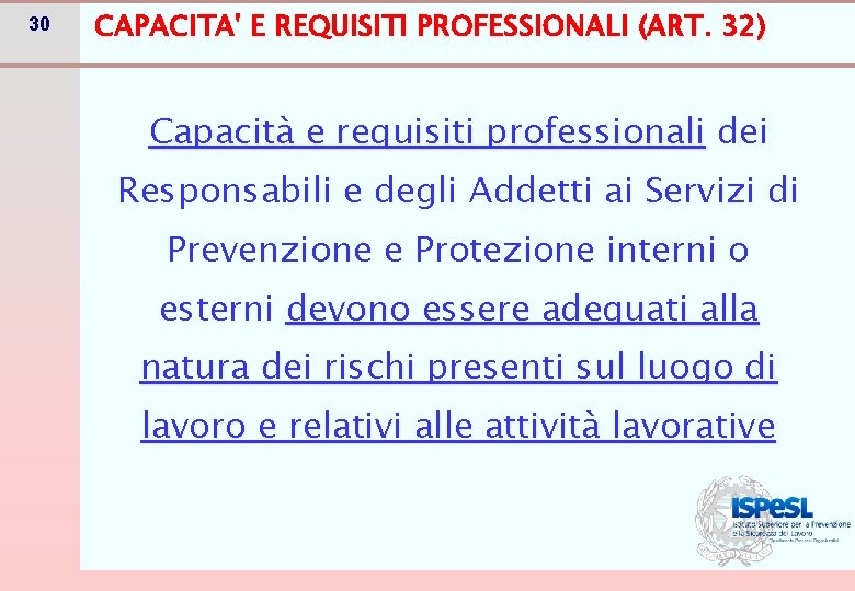 30 CAPACITA' E REQUISITI PROFESSIONALI (ART. 32) Capacità e requisiti professionali dei Responsabili e