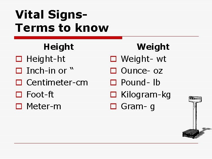 Vital Signs. Terms to know o o o Height-ht Inch-in or “ Centimeter-cm Foot-ft