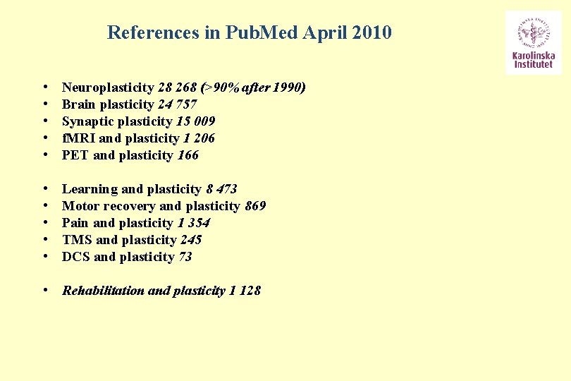 References in Pub. Med April 2010 • • • Neuroplasticity 28 268 (>90% after