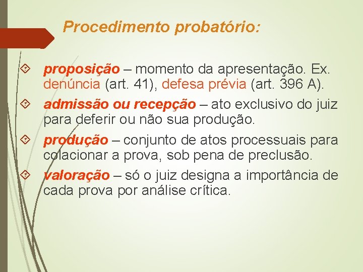 Procedimento probatório: proposição – momento da apresentação. Ex. denúncia (art. 41), defesa prévia (art.