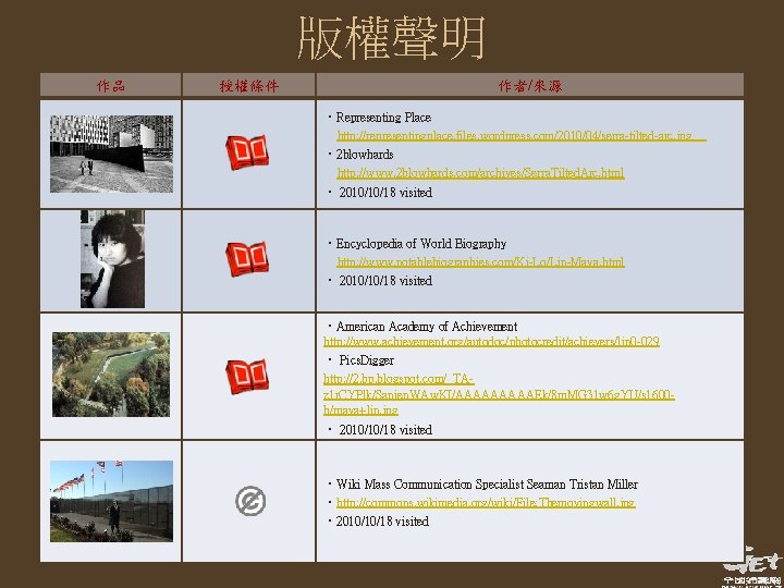 版權聲明 作品 授權條件 作者/來源 ‧Representing Place http: //representingplace. files. wordpress. com/2010/04/serra-tilted-arc. jpg ‧ 2 版權聲明 作品 授權條件 作者/來源 ‧Representing Place http: //representingplace. files. wordpress. com/2010/04/serra-tilted-arc. jpg ‧ 2