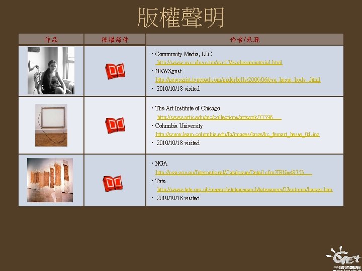 版權聲明 作品 授權條件 作者/來源 ‧Community Media, LLC http: //www. nyc-plus. com/nyc 13/evahessematerial. html ‧NEWSgrist 版權聲明 作品 授權條件 作者/來源 ‧Community Media, LLC http: //www. nyc-plus. com/nyc 13/evahessematerial. html ‧NEWSgrist