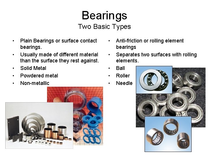 Bearings Two Basic Types • • • Plain Bearings or surface contact bearings. Usually