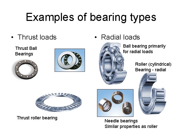 Examples of bearing types • Thrust loads Thrust Ball Bearings • Radial loads Ball