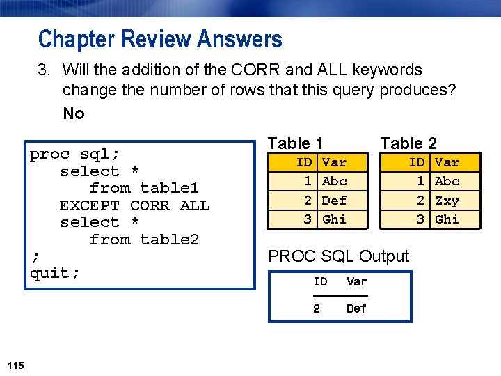 Chapter Review Answers 3. Will the addition of the CORR and ALL keywords change