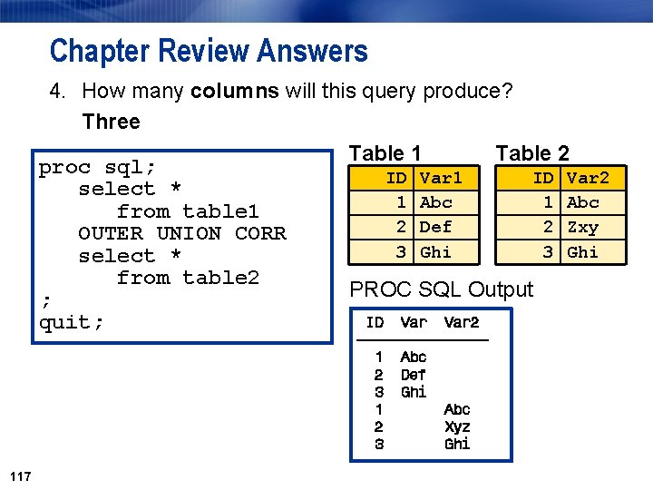 Chapter Review Answers 4. How many columns will this query produce? Three Table 1