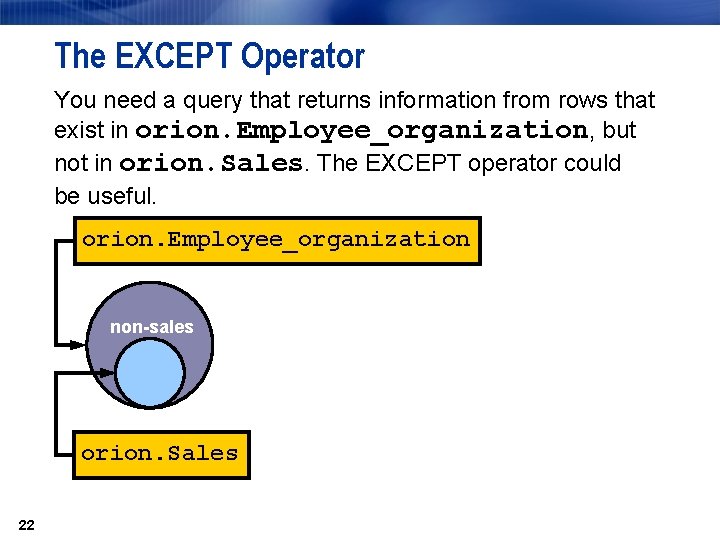 The EXCEPT Operator You need a query that returns information from rows that exist