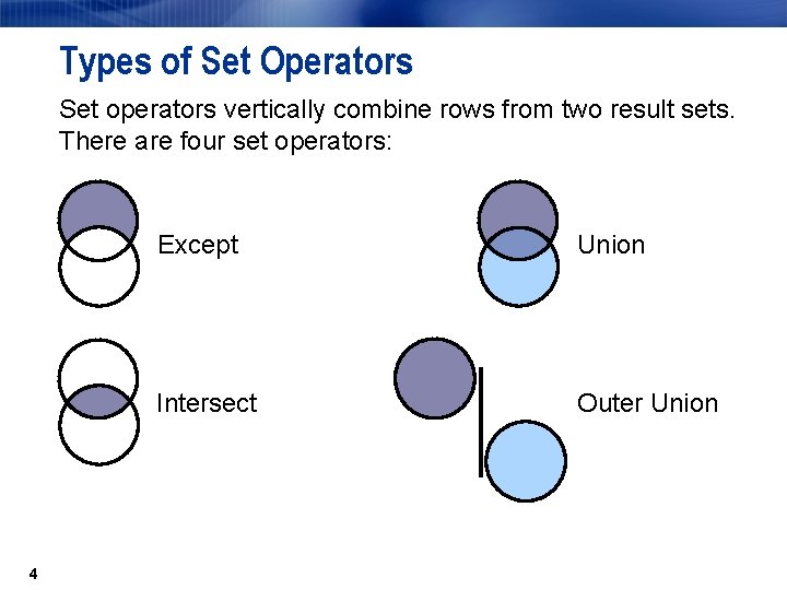 Types of Set Operators Set operators vertically combine rows from two result sets. There