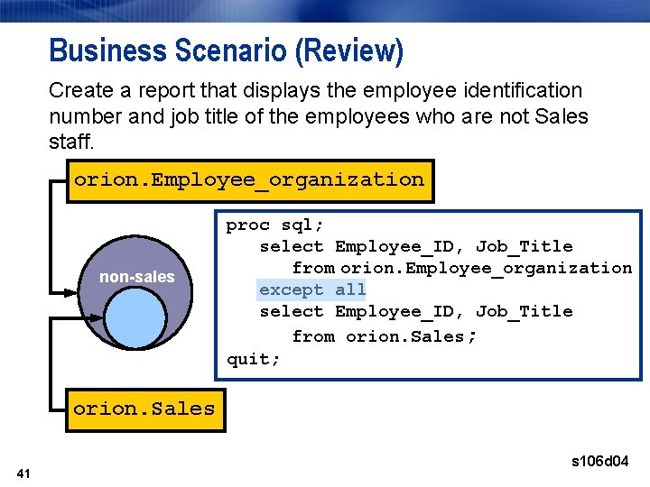 Business Scenario (Review) Create a report that displays the employee identification number and job