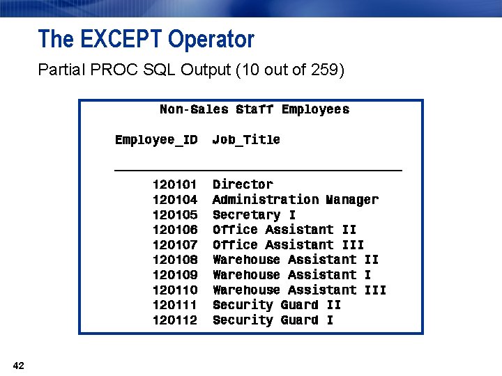 The EXCEPT Operator Partial PROC SQL Output (10 out of 259) Non-Sales Staff Employees