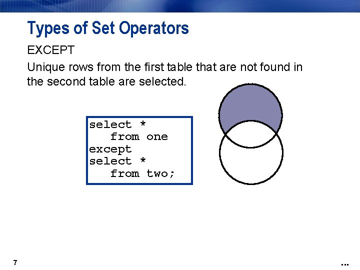 Types of Set Operators EXCEPT Unique rows from the first table that are not