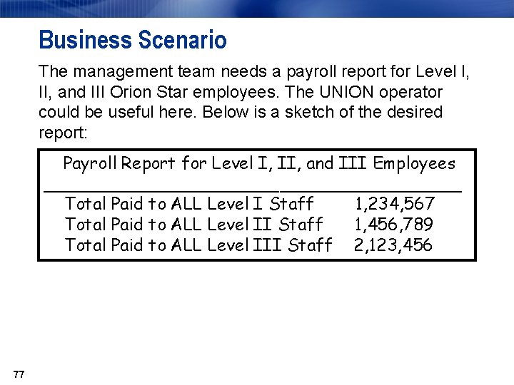 Business Scenario The management team needs a payroll report for Level I, II, and