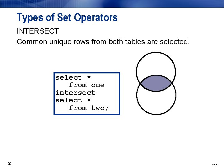 Types of Set Operators INTERSECT Common unique rows from both tables are selected. select