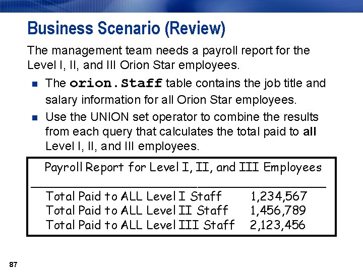 Business Scenario (Review) The management team needs a payroll report for the Level I,