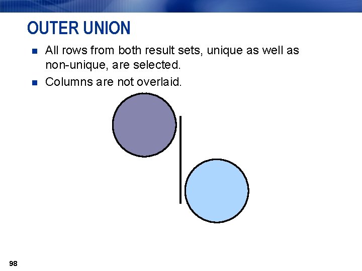 OUTER UNION n n 98 All rows from both result sets, unique as well