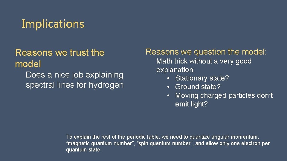 Implications Reasons we trust the model Does a nice job explaining spectral lines for