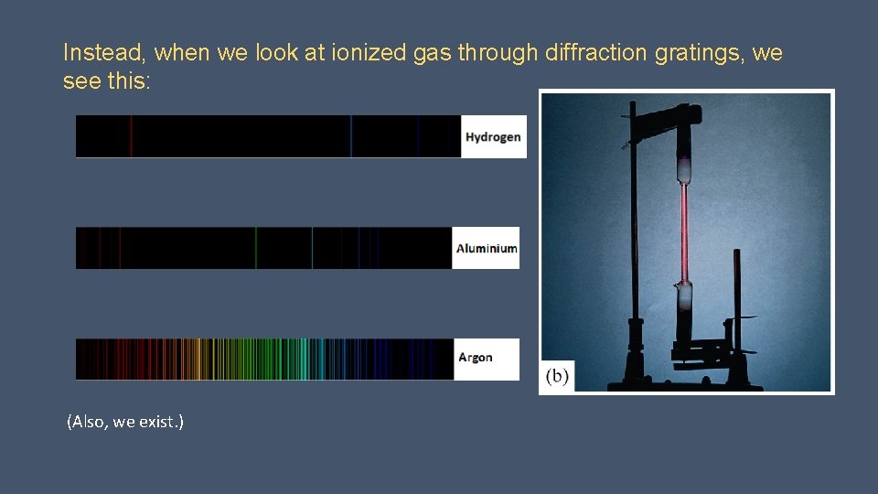 Instead, when we look at ionized gas through diffraction gratings, we see this: (Also,