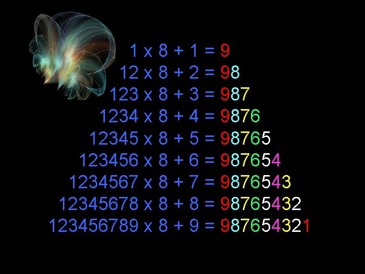 1 x 8+1=9 12 x 8 + 2 = 98 123 x 8 +