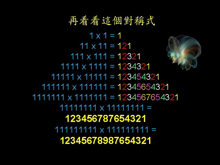 再看看這個對稱式 1 x 1=1 11 x 11 = 121 111 x 111 = 12321