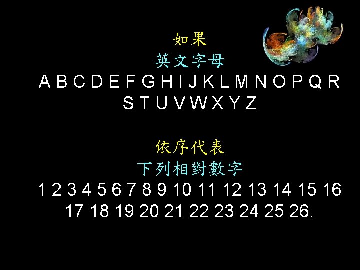 如果 英文字母 ABCDEFGHIJKLMNOPQR STUVWXYZ 依序代表 下列相對數字 1 2 3 4 5 6 7 8