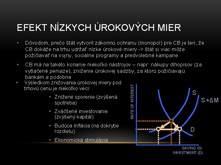 EFEKT NÍZKYCH ÚROKOVÝCH MIER Dôvodom, prečo štát vytvoril zákonnú ochranu (monopol) pre CB je