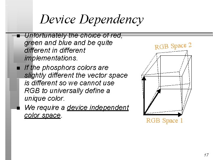 Device Dependency n n n Unfortunately the choice of red, green and blue and